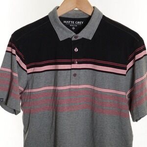 Matte Grey Men M Polo Shirt Short Sleeve Grey Striped Collared Button Stretch